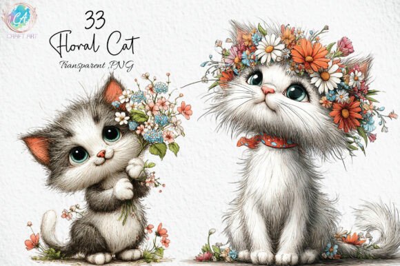 Download Whimsical Floral Cat PNG - Cat Collection